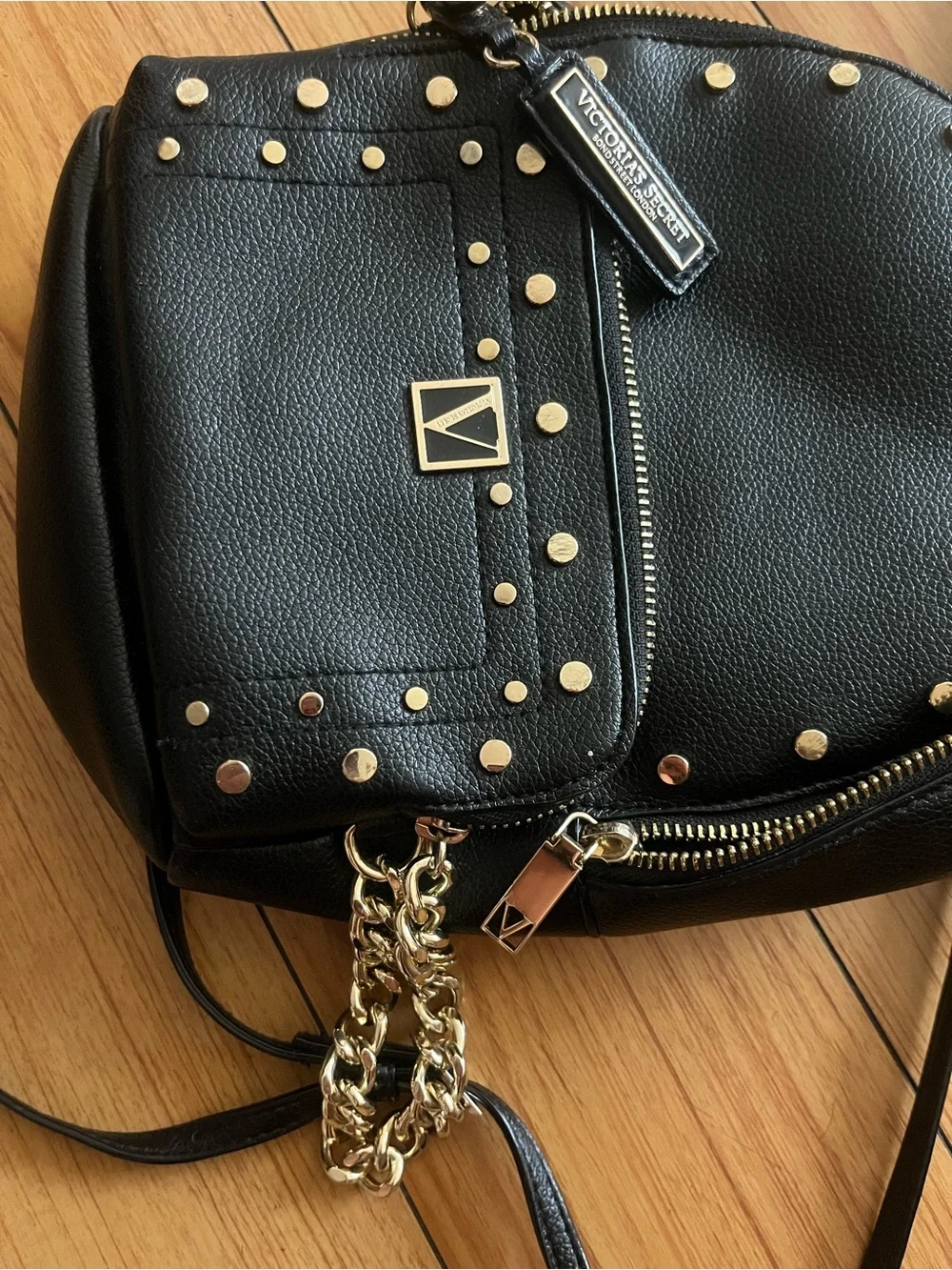 Victoria’s Secret Black Mini Backpack Purse with Gold Chain Detail
